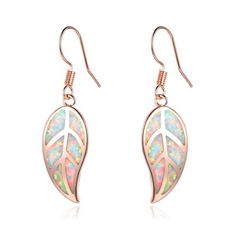 CINily Rose Gold Plated Opal Dangle Earring-Leaf Drop Earrings White Opal Gemstone Dangle Earrings for Women - Image 1